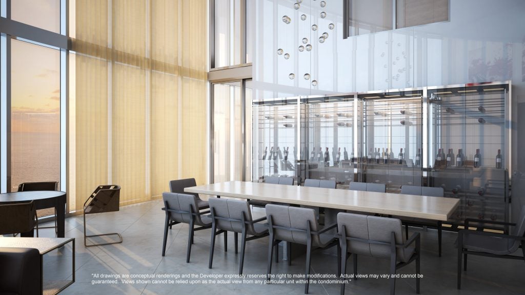 Rendering of a glass wine room visible from the dining area. 