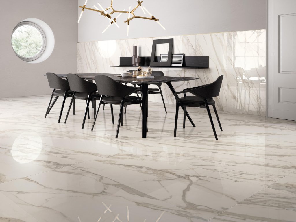 Orlando Custom Home Builder Jorge Ulibarri shares flooring tips for various stone and ceramic tile choices including Purity by Supergres Large format ceramic tile that mimics marble. Photo credit: Cersaie