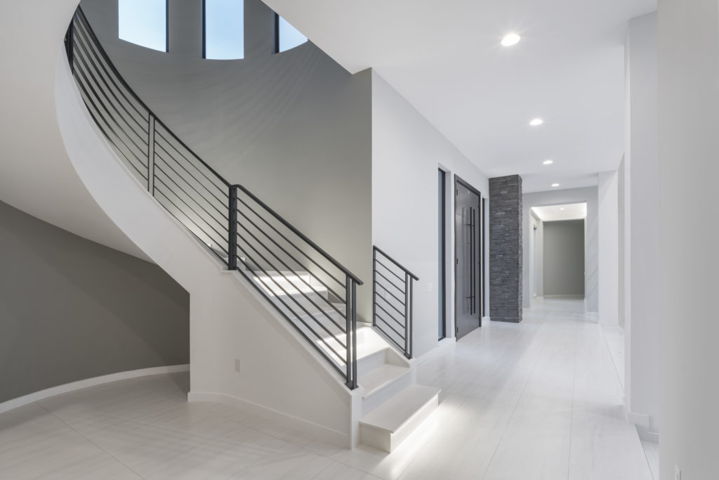 modern staircase, modern home, modern foyer 