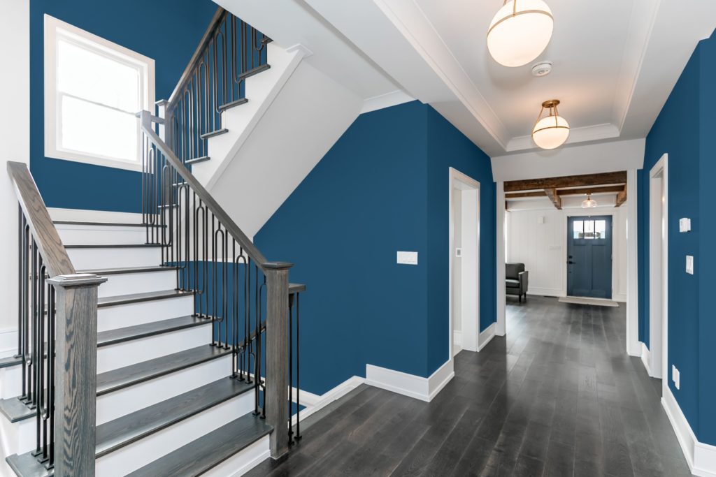 Hallway painted with PPG Chinese Porcelain, 2020 Color of the Year.